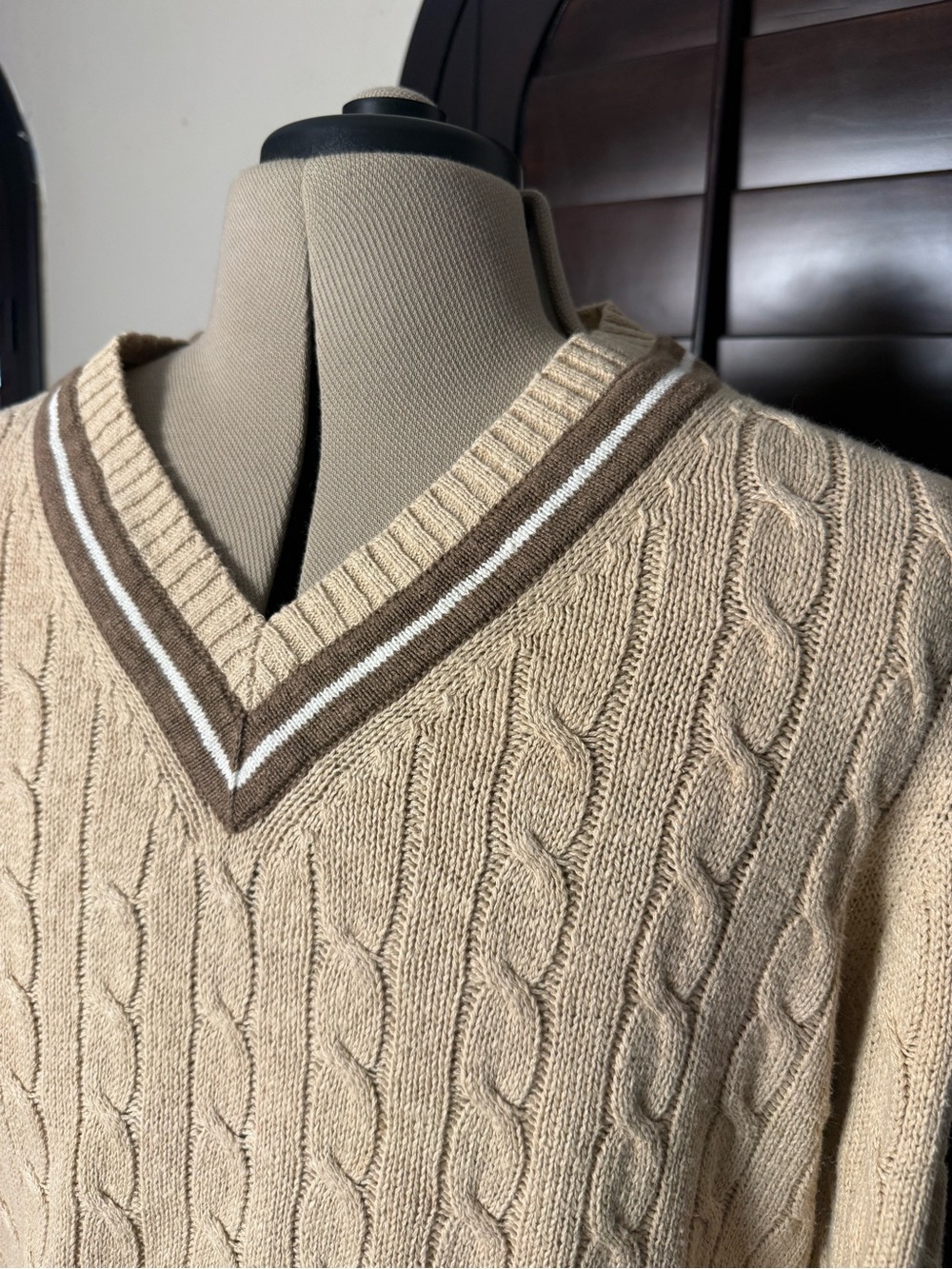 Brooks Brothers 346 Men's XL Beige Linen Cotton Cable Knit Cricket Sweater - Picture 4 of 9